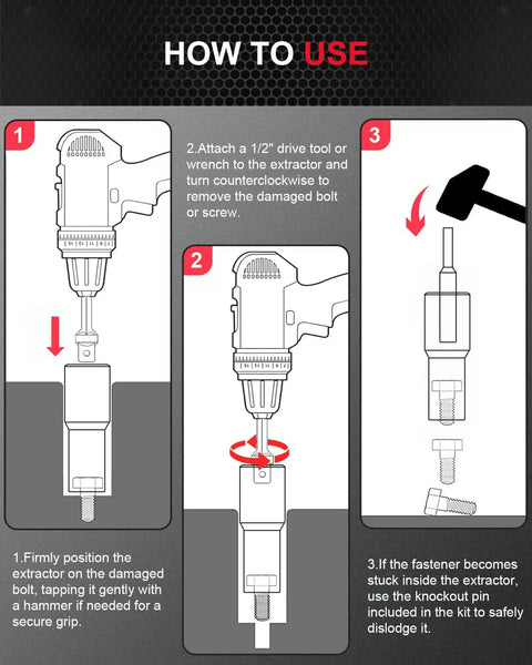 Diagram showing how to use Pro Grade Bolt Extractor Kit 16-Piece Lug Nut Removal Tool Set for Damaged Frozen Rusted Bolts