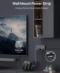 Beefy 13 Outlet Surge Protector Power Strip with wall mount, 4 USB ports, and USB C charging in living room setup