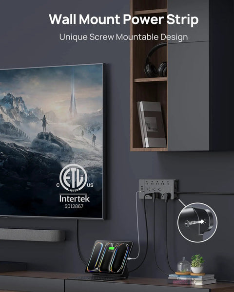 Beefy 13 Outlet Surge Protector Power Strip with wall mount, 4 USB ports, and USB C charging in living room setup