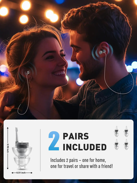 Couple wearing Two Pairs High Fidelity Concert Ear Plugs Reusable Noise Reduction For Musicians And Showgoers Soft Hearing Protection Petite Size at event