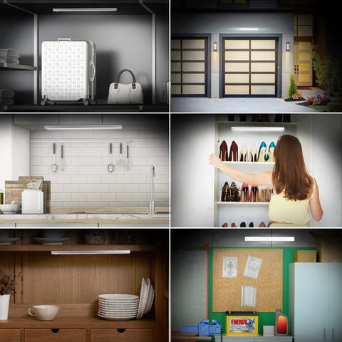 84 LED Wireless Closet Lights With Motion Sensor illuminating various spaces including closets, kitchens, and garages.