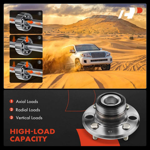 Image showing a rugged vehicle driving through sand dunes and a close-up of a wheel bearing assembly labeled with load directions: axial, radial, vertical.