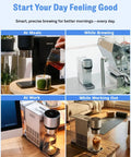 Collage of Automatic Cold Brew Coffee Maker Featuring Continuous Drip Extraction, Durable Aluminum Chassis, One Liter Jar in different settings.
