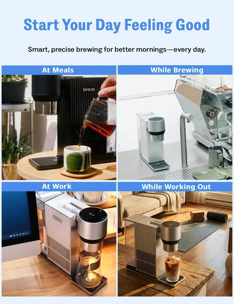 Collage of Automatic Cold Brew Coffee Maker Featuring Continuous Drip Extraction, Durable Aluminum Chassis, One Liter Jar in different settings.