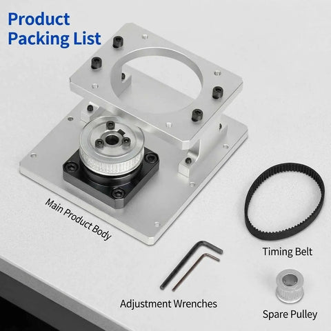 Superior Hollow Rotary Actuator For 86 Stepper Motor With Bulletproof Aluminum Body And No Fuss Belt Tuning For Spot On Angle Positioning and Straight Out The Box Direct Drive Alternative product packing list with main body, timing belt, wrenches, and spare pulley.