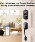Slick Keyless Entry Smart Lock Featuring Auto Locking Fingerprint Reader, installed on door with Alexa and Google devices.