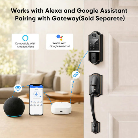 Slick Keyless Entry Smart Lock Featuring Auto Locking Fingerprint Reader, installed on door with Alexa and Google devices.