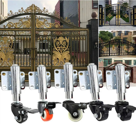 Heavy Duty 1.5 Inch Swivel Caster Gate Wheel Flat Free Polyurethane Roller With Retractable Spring Shock Absorber showcased in use with decorative gates.