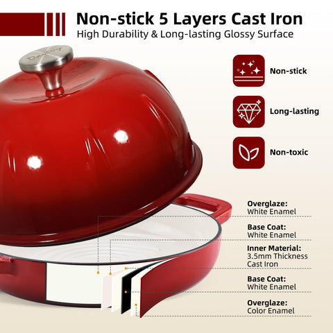 5 Quart Cast Iron Dutch Oven For Sourdough Baking With Domed Enamel Lid Round Bread Oven In Cherry Red, layer details shown