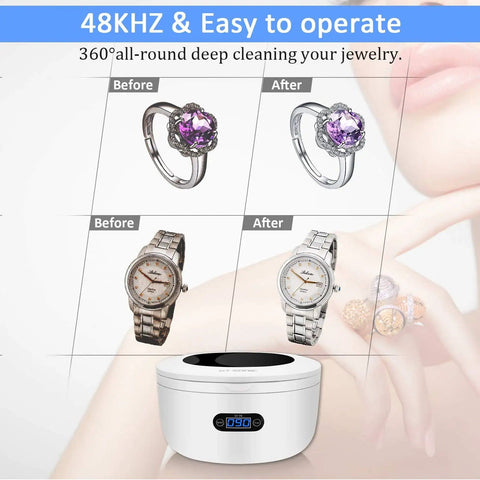 Beast Pro-Grade Ultrasonic Jewelry Cleaner With 25-Ounce Tank showing before and after cleaning of rings and watches