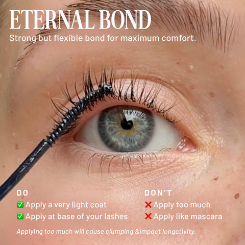 Applying Eternal Bond Black No-Fuss Lash Glue With Mini Mascara Wand Applicator on lashes, waterproof hold, sensitive eyes safe