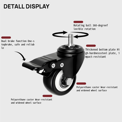 Close-up of a heavy-duty 2-inch caster wheel with dual brakes and M8 threaded stem, highlighting features and materials.