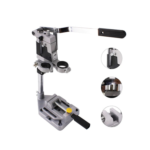 Heavy Duty Adjustable Aluminum Drill Press Base With Tough As Nails Bench Clamp Conversion Kit For Electric Hand Drills Rotary Workstation Stand, detailed view of clamp and lever.