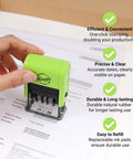 Reliable Self Inking Date Stamp With Rock Solid Green Body And Two Black Refill Pads For Hustling Offices And Home Desks Quick Drying Ink That Slaps Crisp Custom Marks All Day Long Without Causing Any Major Paperwork Hassles in use, stamping a date on paperwork.