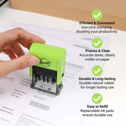 Reliable Self Inking Date Stamp With Rock Solid Green Body And Two Black Refill Pads For Hustling Offices And Home Desks Quick Drying Ink That Slaps Crisp Custom Marks All Day Long Without Causing Any Major Paperwork Hassles in use, stamping a date on paperwork.