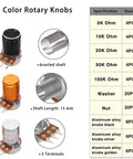 80Pcs Potentiometer Kit WH148 5K 10K 20K 50K 100K Ohm Single Linear Taper Rotary Potentiometers with colorful knobs and hardware