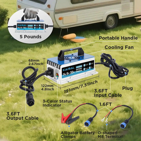 Heavy Duty 12V 30A LiFePO4 Battery Charger With 14.6V Output, IP67 Waterproof shown with cables, plugs, and connectors near RV.