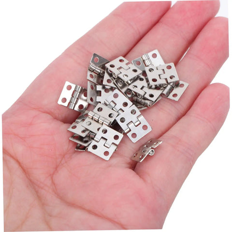 Lil Copper Miniature Hinges With Screws Pack Of 100 For Dollhouses And Tiny Boxes 10x8mm Silver Finish Hinges displayed on a hand
