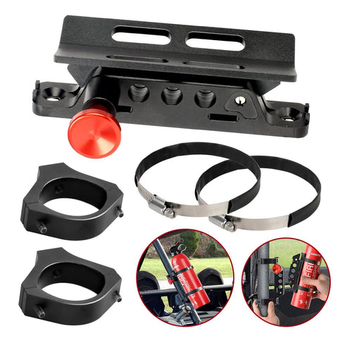 Adjustable Roll Bar Fire Extinguisher Mount For 1.75 To 2 Inch Cages with aluminum alloy quick release brackets and clamps.