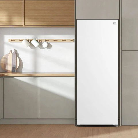 No Sweat Storage Upright Convertible Freezer Fridge With Seven Point Zero Cubic Feet Capacity In Clean White Build in modern kitchen.