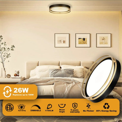 12.5 Inch LED Flush Mount Ceiling Light 26W 1700 Lumens Dimmable With 3 Color Temp 3000K 4000K 5000K Energy Saving Dope Black Gold Finish