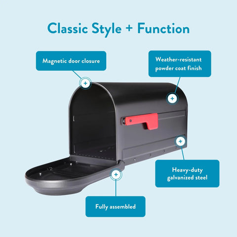 Heavy Duty Metal Post Mounted Mailbox In Black For Outside, Weatherproof Steel Construction, open door showing latch and inside view