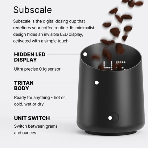 Subscale Digital Dosing Cup With LED Display Sleek Black Scale For Espresso Brewing Precision Ground Measurements And Dosing Accessory For Home Baristas And Coffee Nerds showing coffee beans and LED readout