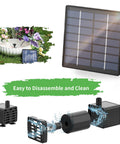 Exploded view of Solar Water Fountain Pump Kit For Outdoor Features 2026 Upgraded DIY Kit With 6 Nozzles And 9.8ft Power Cord