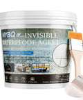 Rock Solid Waterproof Sealant 70 Oz Crystal Clear Leak Stopping Coating Kit with brush on white bucket.