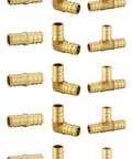 Brass fittings for DIY Ready Half Inch Pex B Pipe Tubing Kit 200 Feet With Red And Blue Rolls, including couplings, elbows, and tees.