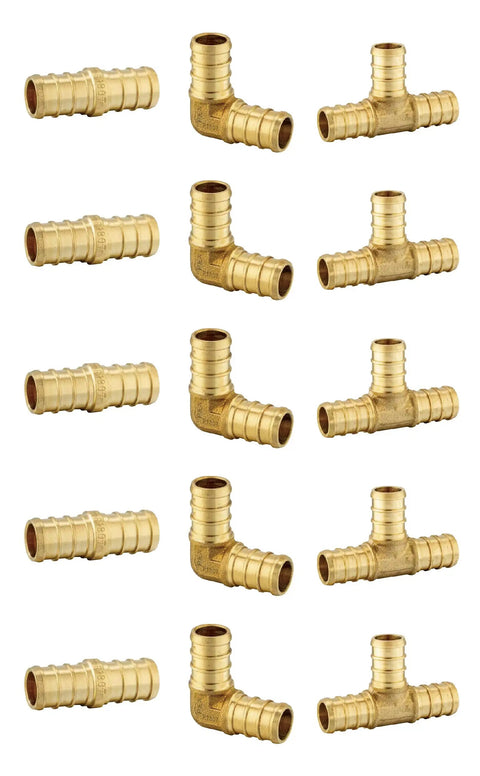 Brass fittings for DIY Ready Half Inch Pex B Pipe Tubing Kit 200 Feet With Red And Blue Rolls, including couplings, elbows, and tees.