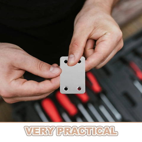 Hands holding a stainless steel flat plate bracket from 48 pack, 1.1mm thick with 5mm holes, used as heavy duty corner shelf braces.