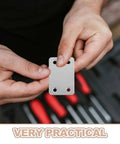 Person holding a piece from the Stainless Steel Straight Brace Brackets Kit, 48 Pieces, 1.1mm Thick Flat Corner Plates With 5mm Holes