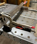 Beefy 10 Inch Locking Welding Clamp With Swivel V Type Pads And Installing Support for table mount, holding metal on workbench.