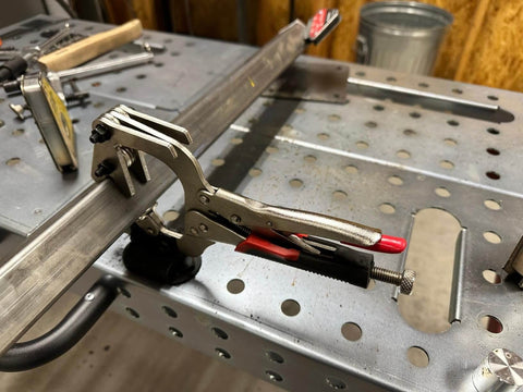 Beefy 10 Inch Locking Welding Clamp With Swivel V Type Pads And Installing Support for table mount, holding metal on workbench.