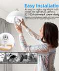 Woman installing 2K 4MP Light Bulb Security Camera With 360 Degree Dome in E26 fixture demonstrating easy setup.
