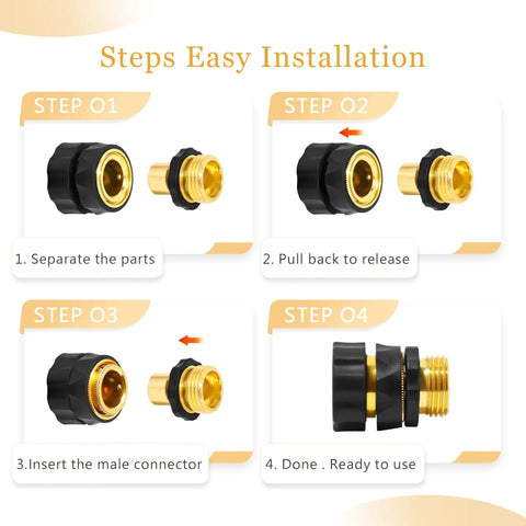 Aluminum Garden Hose Quick Connect Fittings 4 Piece Set Three Quarter Inch No Leak Quick Connectors installation steps.