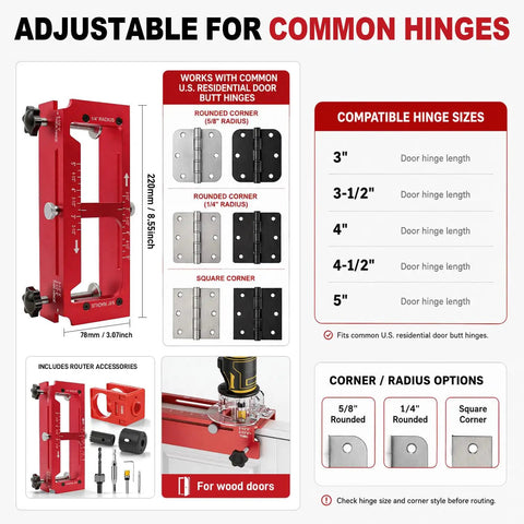 Top Shelf Door Hinge Mortise Jig And Lock Installation Kit For Interior Wood Doors displaying adjustable features for various hinge sizes.