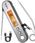 Rechargeable Instant Read Meat Thermometer With Dual Temperature Display And Alarm, stainless steel probe, USB cable, orange backlight