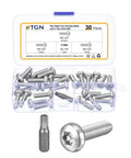 30 Pack M6X20mm Pan Head Torx Security Screws T30 in a transparent storage box with a drive bit.