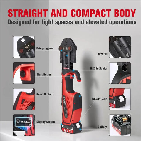 18V Cordless Hydraulic Pipe Crimper Tool Kit With 3 Pro Press Jaws For Fast Copper And Stainless Steel Connections, showing compact body and controls.