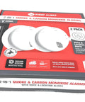 Combo Smoke And Carbon Monoxide Alarm With Interconnect, Hardwired Power, Battery Backup, Voice And Location Alerts, Easy To Install, Model SMCO100V-AC, 2-Pack in retail packaging.