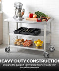 Set Of Six Four Inch Heavy Duty Casters For Commercial Prep Tables Featuring Locking Swivel Base With Super Smooth Glide and utility cart with ingredients.
