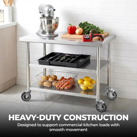 Set Of Six Four Inch Heavy Duty Casters For Commercial Prep Tables Featuring Locking Swivel Base With Super Smooth Glide and utility cart with ingredients.