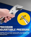 Hand holding an 8 inch locking sheet metal clamp, showcasing adjustable pressure with knurled thumb screw for tight grip.