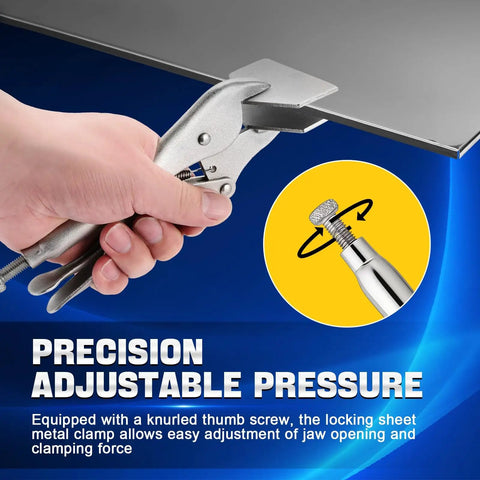 Hand holding an 8 inch locking sheet metal clamp, showcasing adjustable pressure with knurled thumb screw for tight grip.