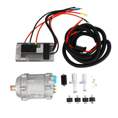Heavy Duty 12 Volt Electric AC Compressor For R134a Systems Plug And Play Drop In Swap No Headache Replacement with wiring harness.