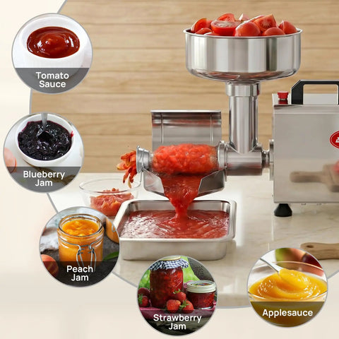 Arinoo Electric Tomato Strainer Juicer Maker Machine 450 Watt Automatic Food Squeezer extracting tomato puree in stainless steel.