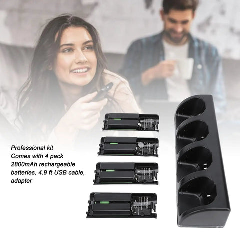 Four In One Remote Controller Charging Station With Four 2800mAh Rechargeable Batteries USB Cable For Gaming Remotes Controllers Not Included Black with charging dock and batteries displayed