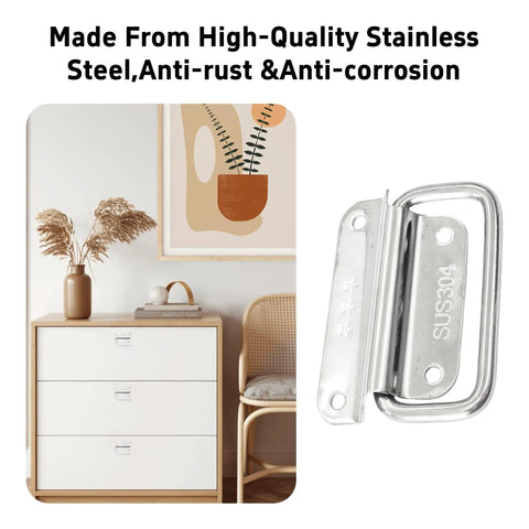 Built Tough 304 Stainless Steel Foldable Pull Handles, Top Shelf Ring Grip For Toolboxes, Storage Chests And Boat Hatches, Heavy Duty Cabinet Hardware With Screws, Silver 4 Pack on a stylish chest of drawers.
